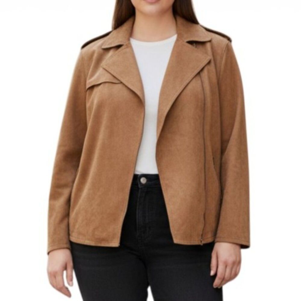 TAHARI Plus Size Faux Suede Leather Moto Jacket Tobacco Tan, NWT! NEW! Size 3X